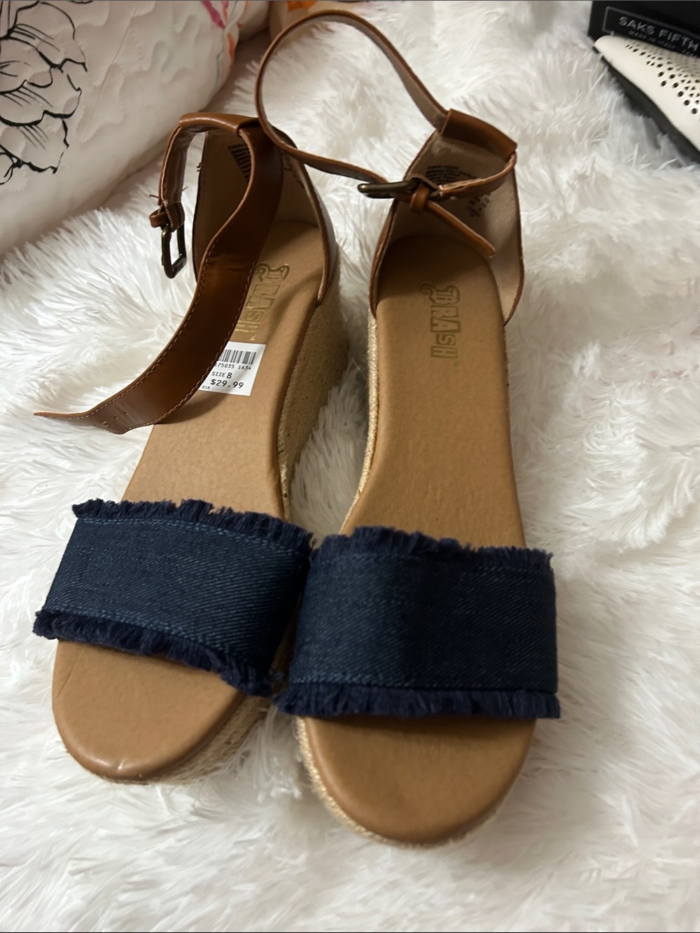 Brash Navy Frayed Denim and Tan Ankle Strap Wedge Sandals